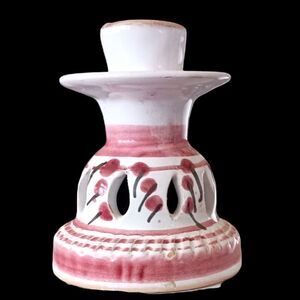 Vintage Unique Handcrafted Reticulated Pottery Candle Holder Red White 3"x2.5"in
